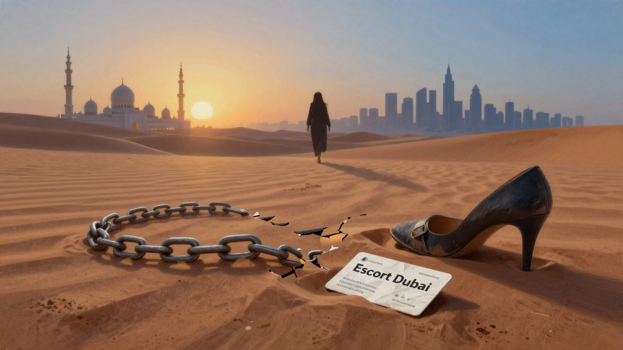 A broken chain and high heel lie on desert sand beside a discarded escort card at sunrise.