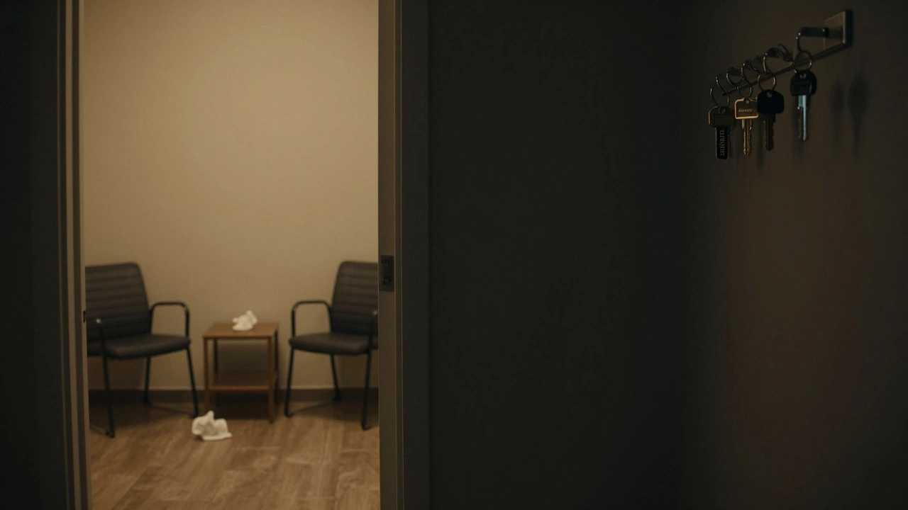 A closed door separates a therapist&#039;s office from a dark hallway with hotel keys, one labeled &#039;Dubai&#039; glowing faintly.