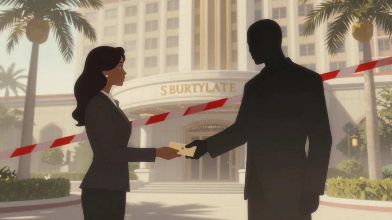 A shadowy figure hands an envelope to a woman outside a luxury hotel, mist obscuring their faces.