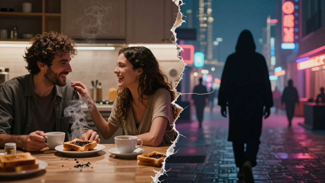 A split image: a loving couple in a kitchen versus a shadowy figure walking away from a neon-lit cityscape.